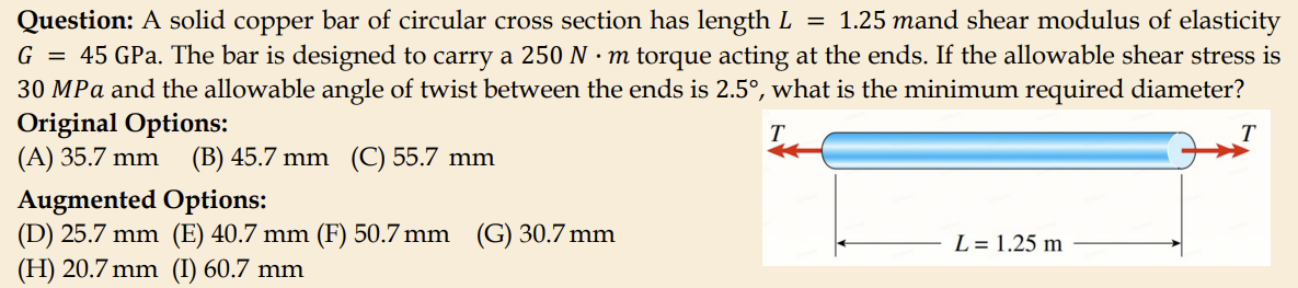 An MMMU-Pro mechanical engineering question about finding the minimum required diameter of a solid circular copper bar for a certain allowable amount of shear stress, which is solvable from the text alone without needing the accompanying diagram